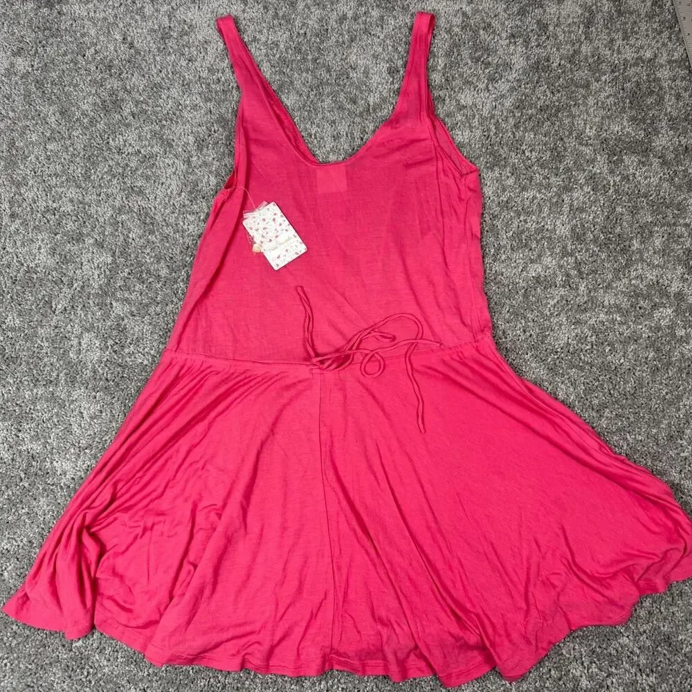 Free People Womens Medium Pink Mini Dress Tank Silk Cotton‎ Beaded Scoop Neck